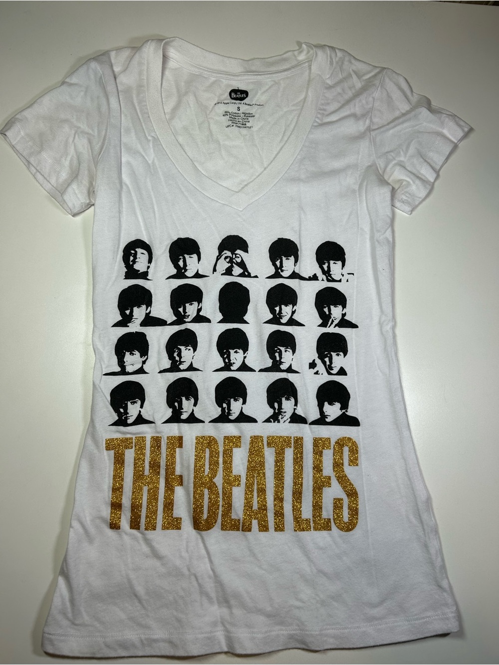 The Beatles Women's Small S White V-Neck Tee Black Gold Glitter Logo